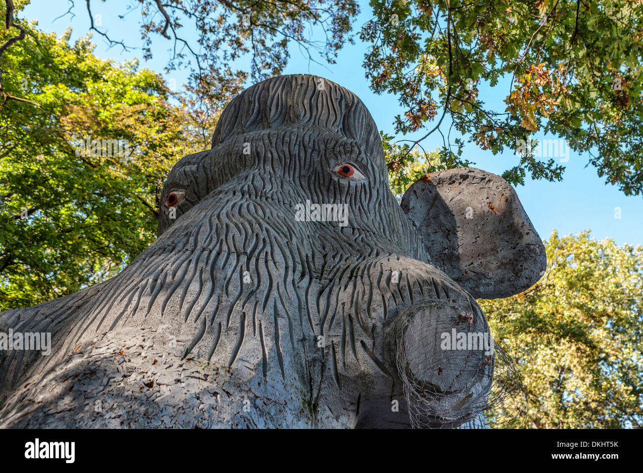 Head of model of battered woolly mammoth at the Spree Park (or Kulturpark Plånterwald), an abandoned amusement park - Berlin Stock Photo