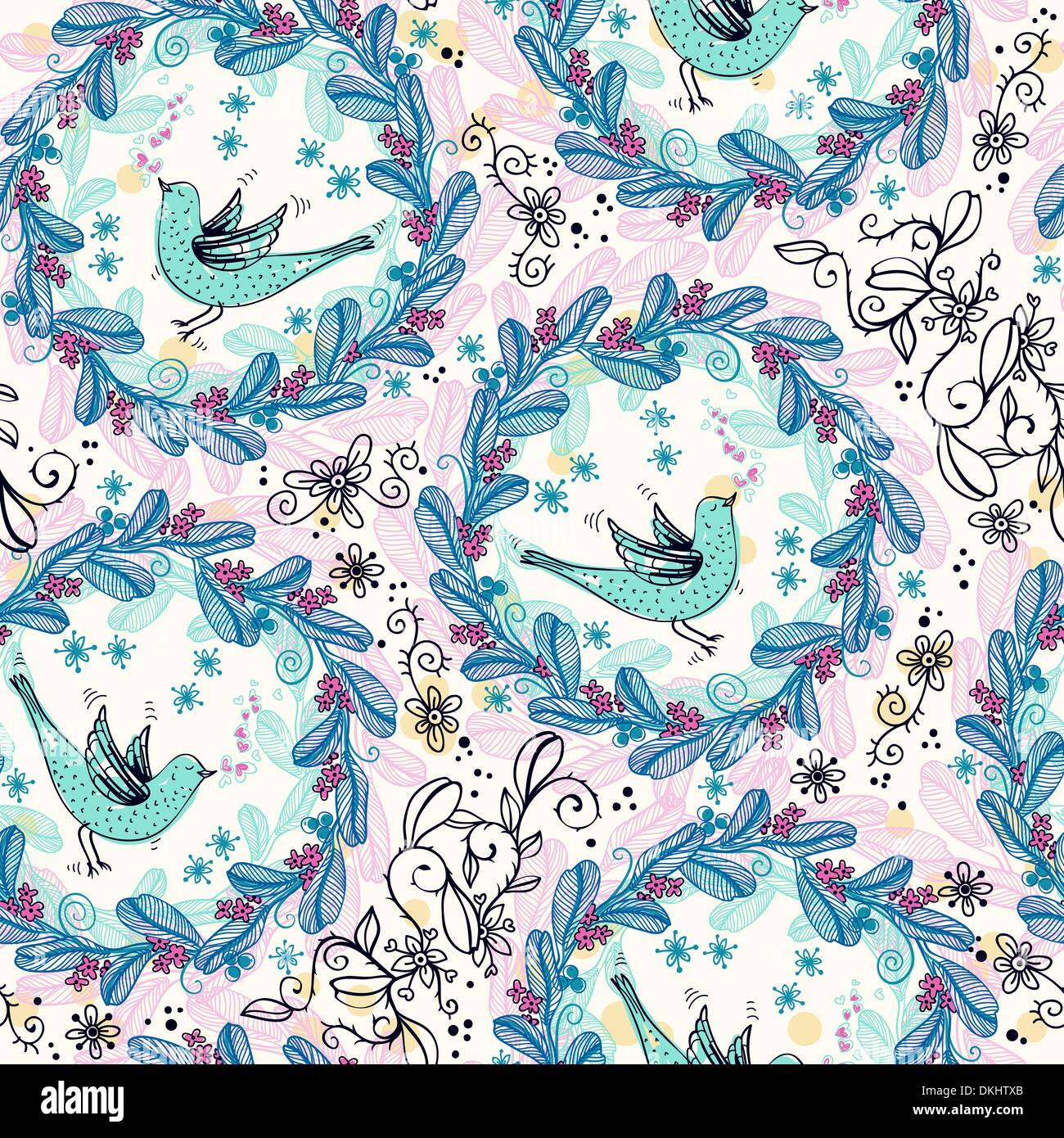 vector floral pattern with decorative wreathes and singing birds Stock ...
