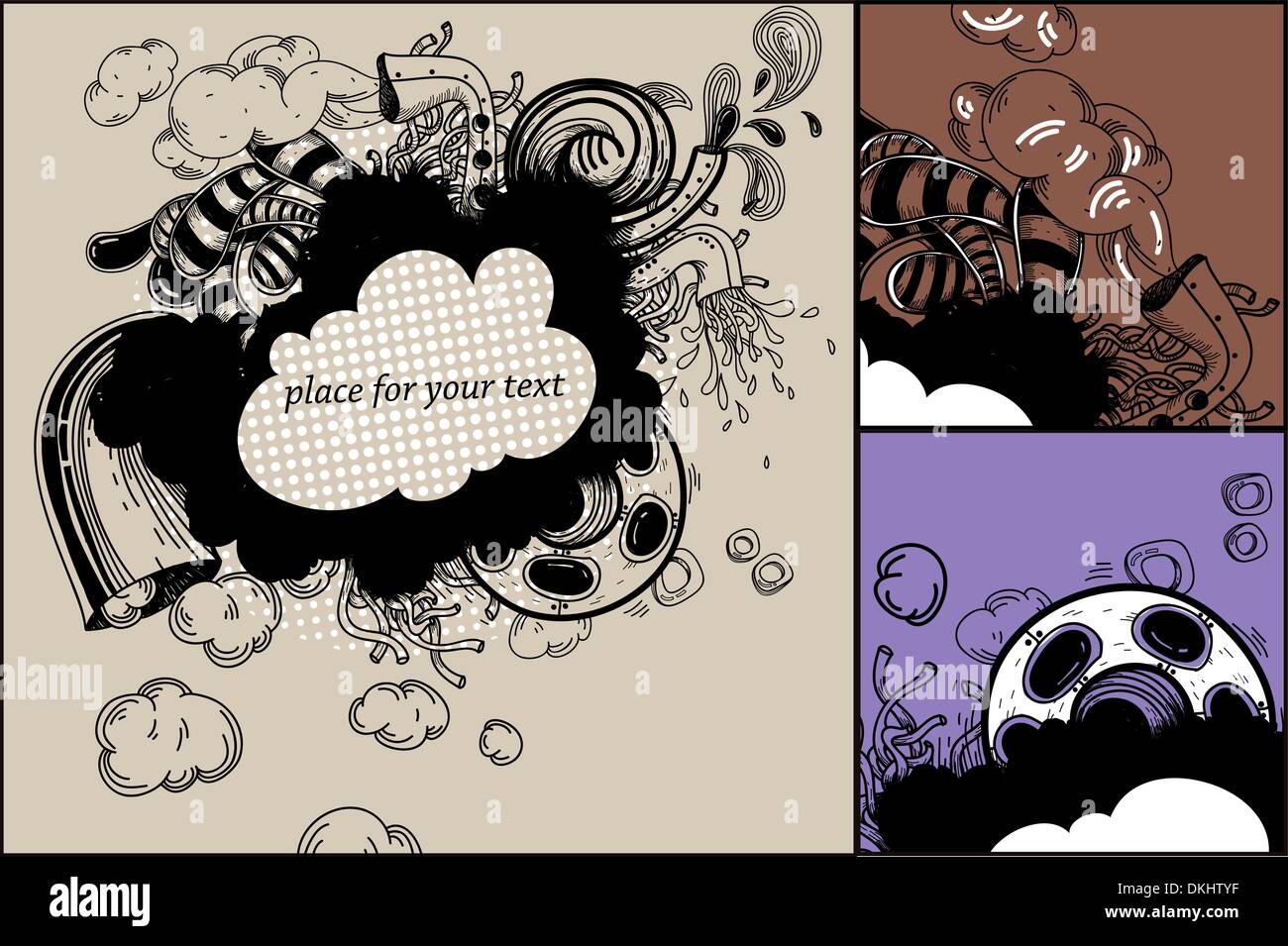 vector set of 3 abstract cards with fantasy machines and smoking ...