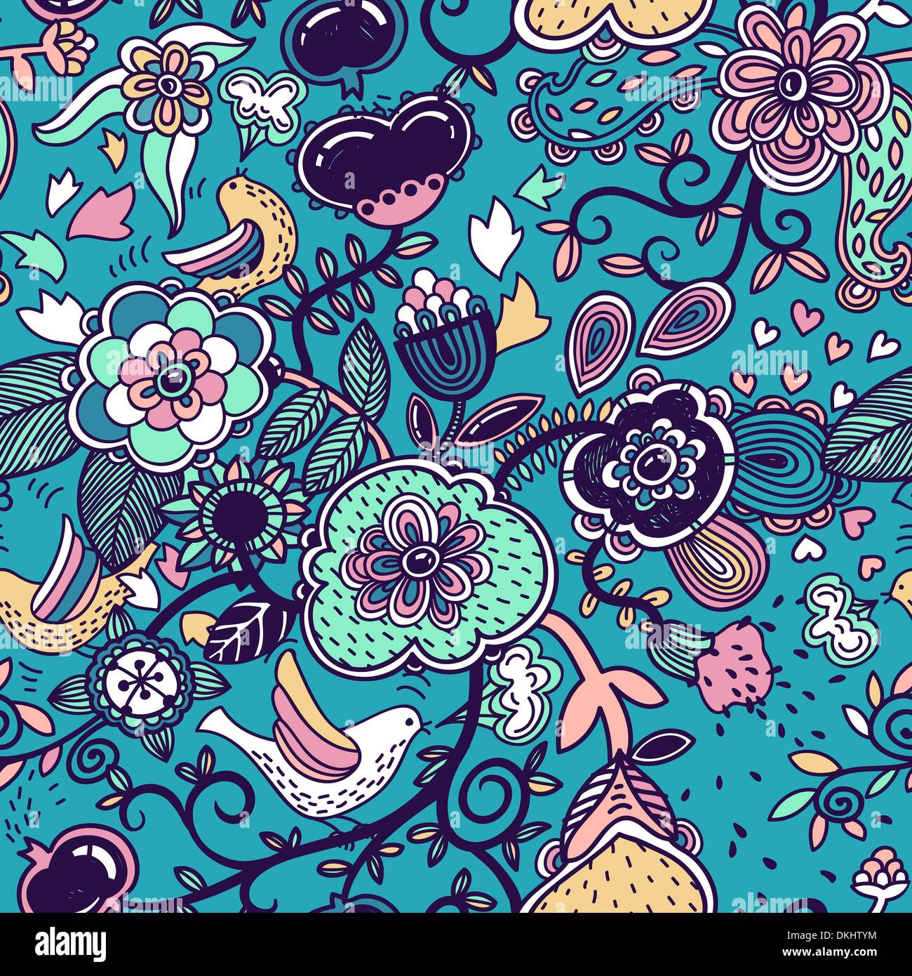 vector floral seamless pattern with fantasy birds and flowers Stock ...
