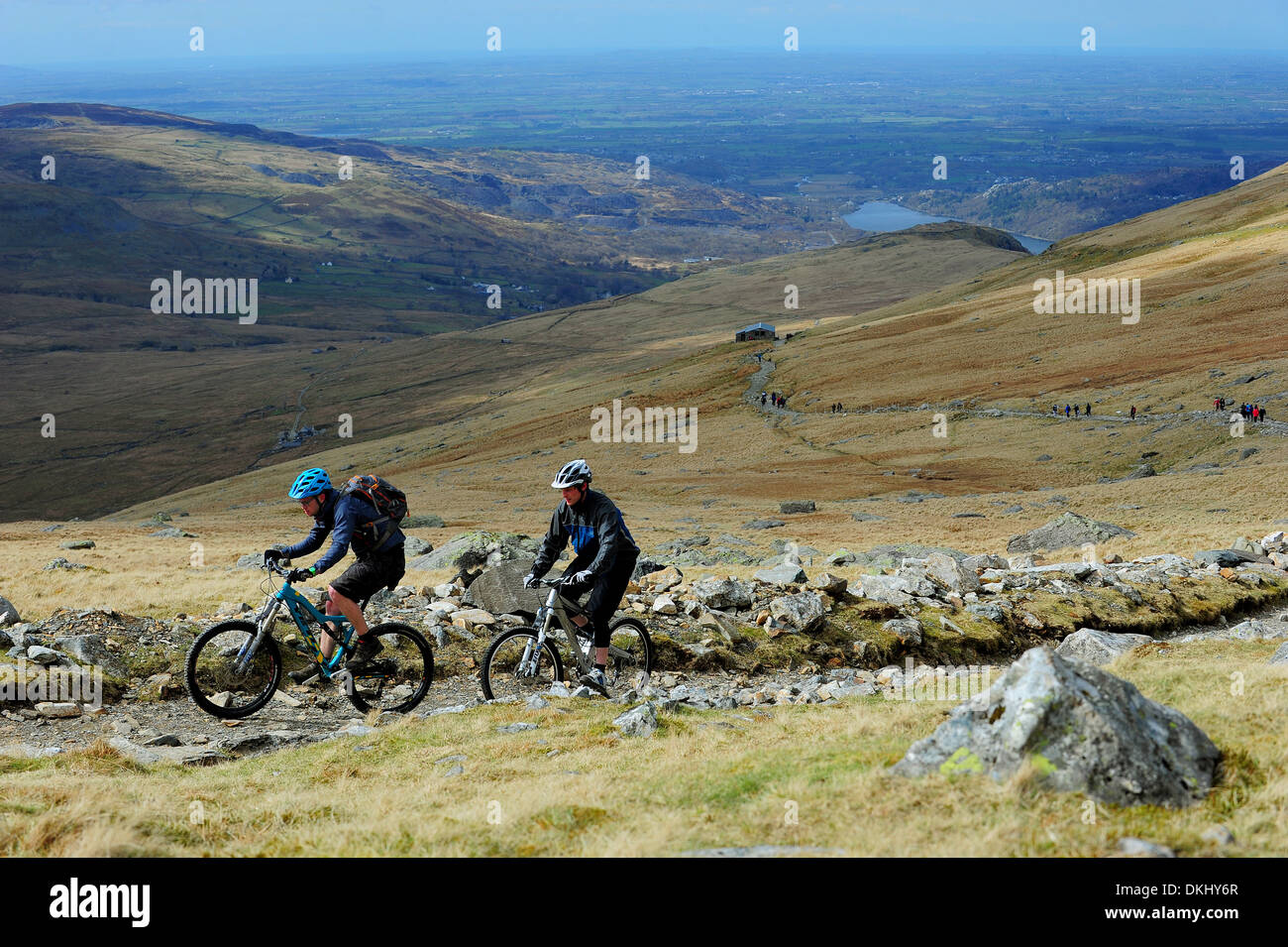 Two mountain bikers ride up the Llanberis Path to the summit of Mount Snowdon in Snowdonia National Park. Stock Photo