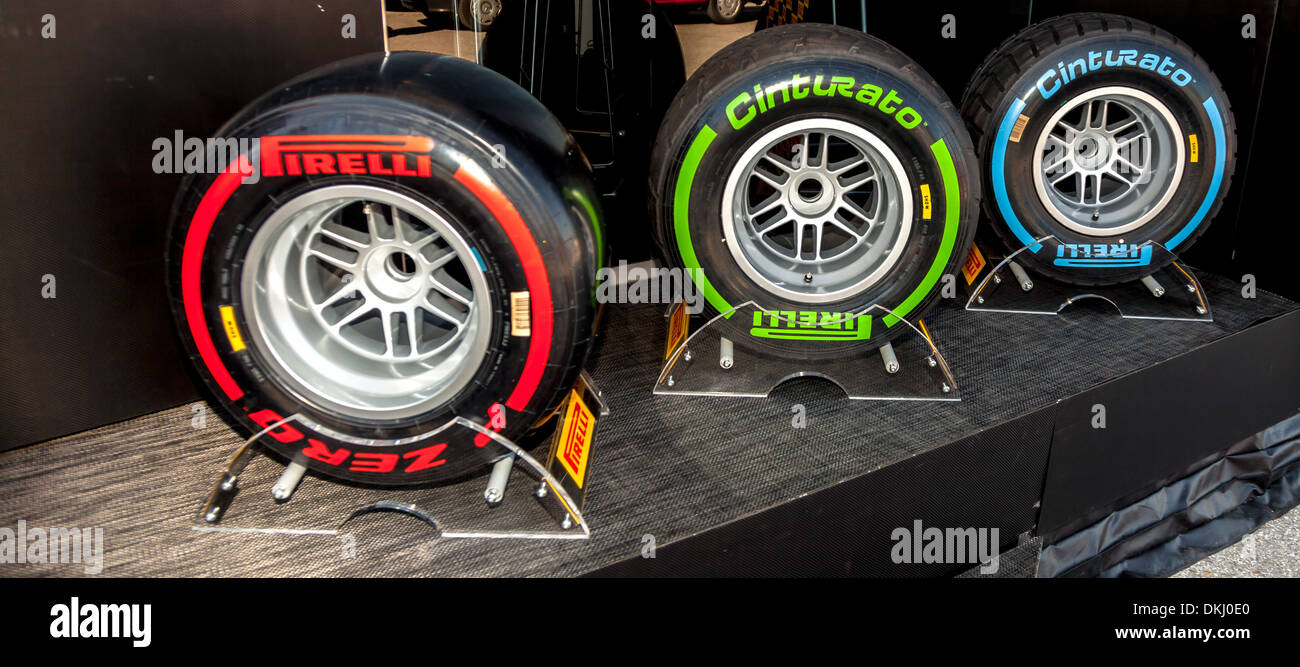 Exposition of the several sets of pneumatic tires Pirelli for the championship of Formula 1 of 2013 Stock Photo