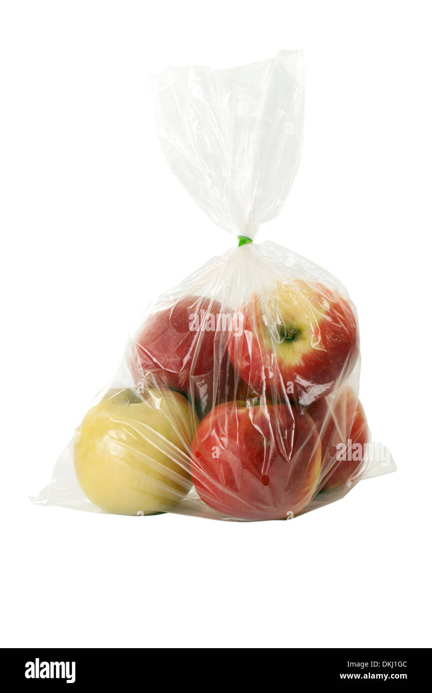 Apple with plastic warp on white background Stock Photo