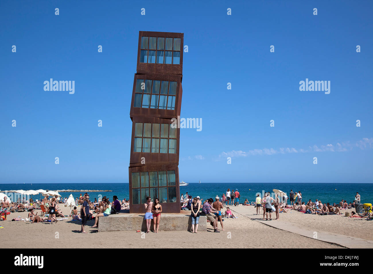 Spain, Catalonia, Barcelona, Playa de St Sebastia, Modern sculpture Homentage a la Barceloneta by Rebecca Horn. Stock Photo