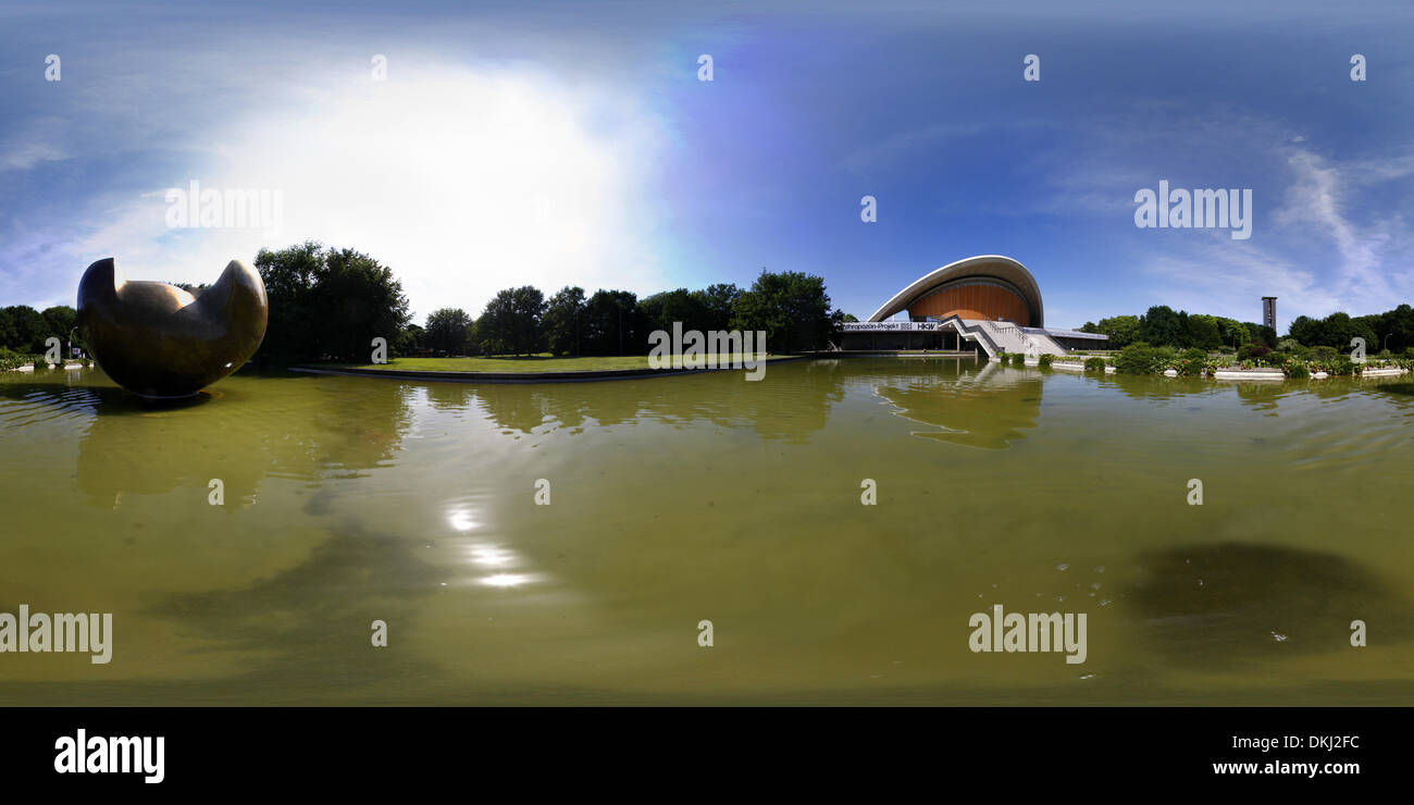 360 x 180 degree panorama: House of World Cultures with the Henry Moore sculpture 'Large Divided Oval: Butterfly', Berlin Stock Photo