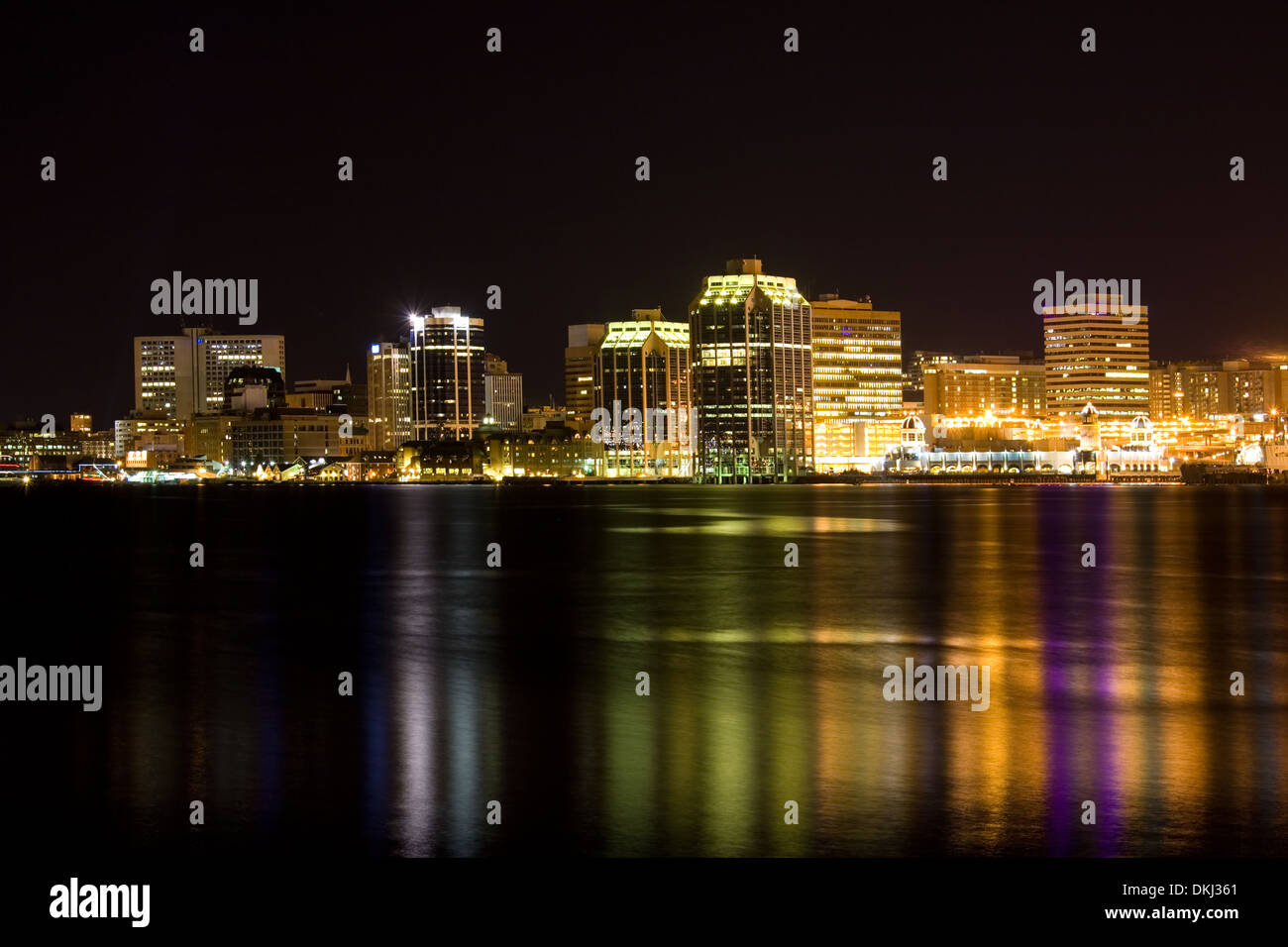 Night time view of the Halifax, Nova Scotia waterfront as viewed from the Dartmouth side. Stock Photo