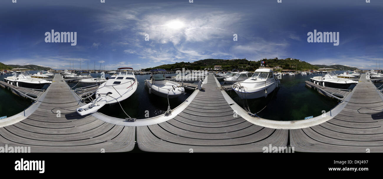 440 x 180 degree panorama: harbour, Cargese, Corsica, France. Stock Photo