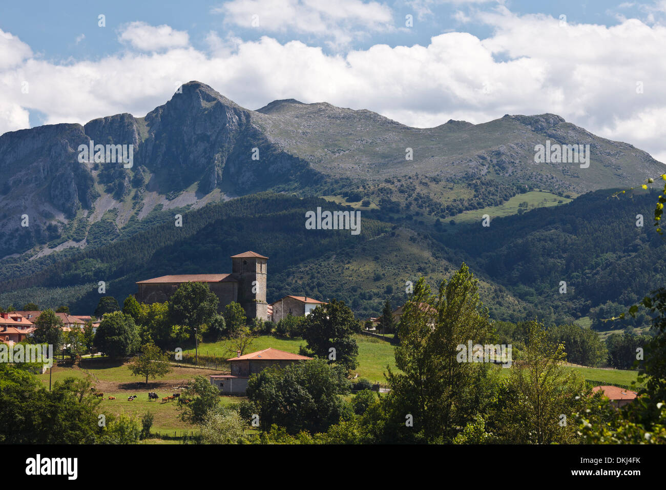 Gibaja Village and Church of San Emeterio, Cantabria, Spain Stock Photo