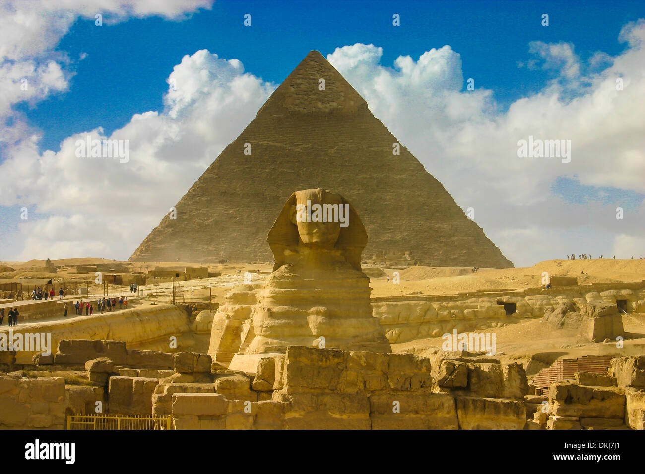 Great Sphinx in front of The Pyramid of Khafre, Great Pyramids of Giza near Cairo, Egypt. Stock Photo