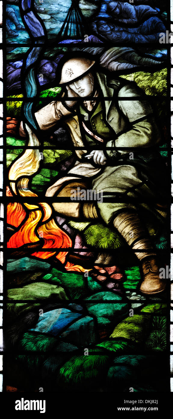 First world war soldier resting by a campfire, Kettlewell Church, Yorkshire Dales National Park, England Stock Photo