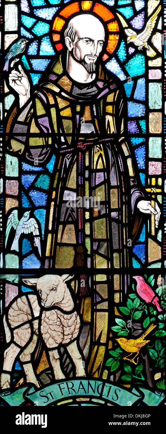 St. Francis, as part of the John Holdsworth Window, in St. Mary's Church, Kettlewell, Yorkshire Dales National Park, England Stock Photo
