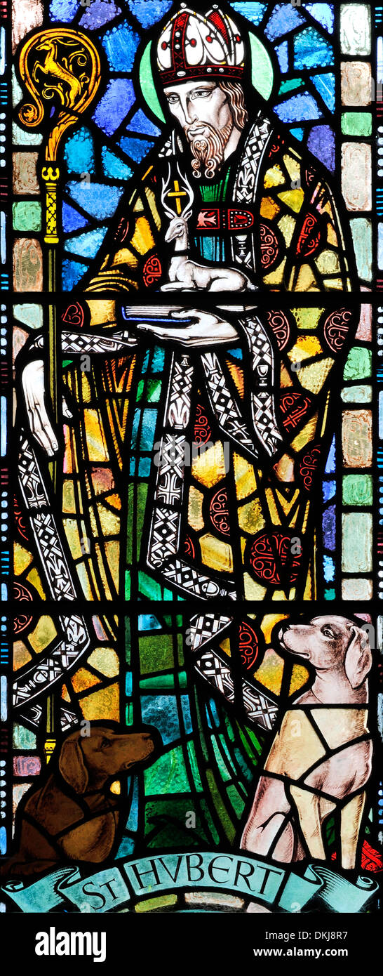 St. Hubert as part of the John Holdsworth Window, in St. Mary's Church, Kettlewell, Yorkshire Dales National Park, England Stock Photo