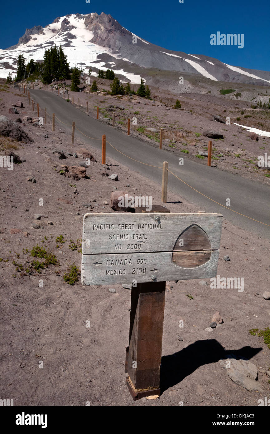 OREGON - Sign marking the Pacific Crest National Scenic Trail at Timberline winter sports resort on Mount Hood. Stock Photo