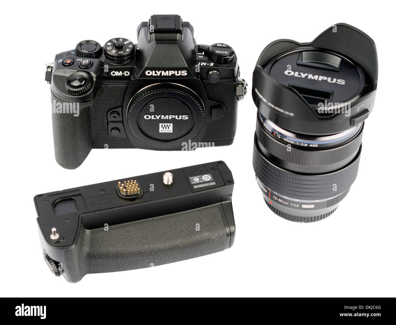 Olympus OM-D E-M1 digital mirrorless camera with 12-40mm f/2.8 pro zoom lens and HLD-7 vertical grip Stock Photo