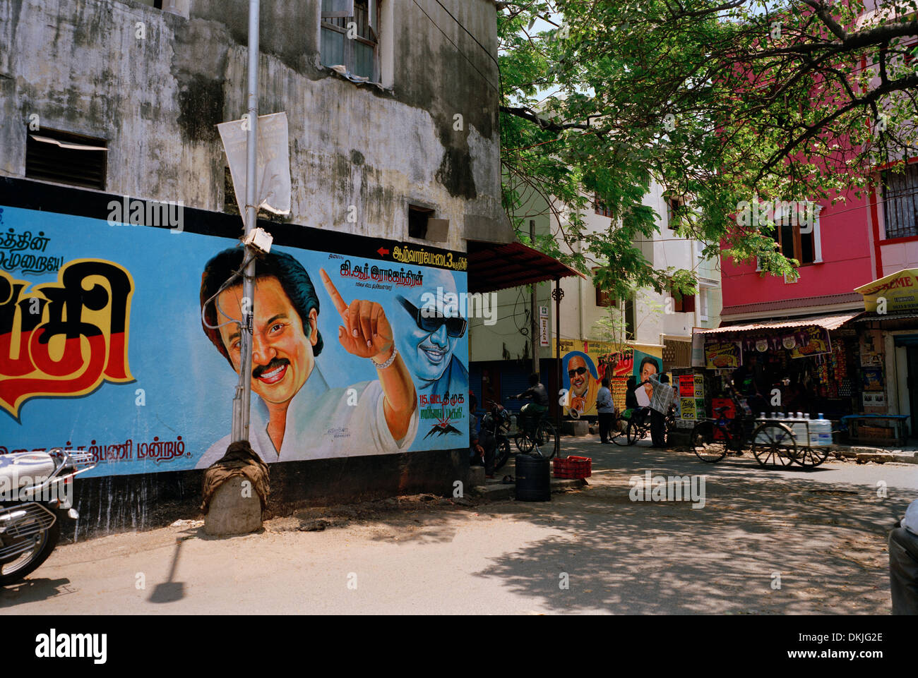 Political advertising in Chennai Madras in Tamil Nadu in East india in South Asia. Politics Politician Man Men Propaganda Life Lifestyle Icon Travel Stock Photo