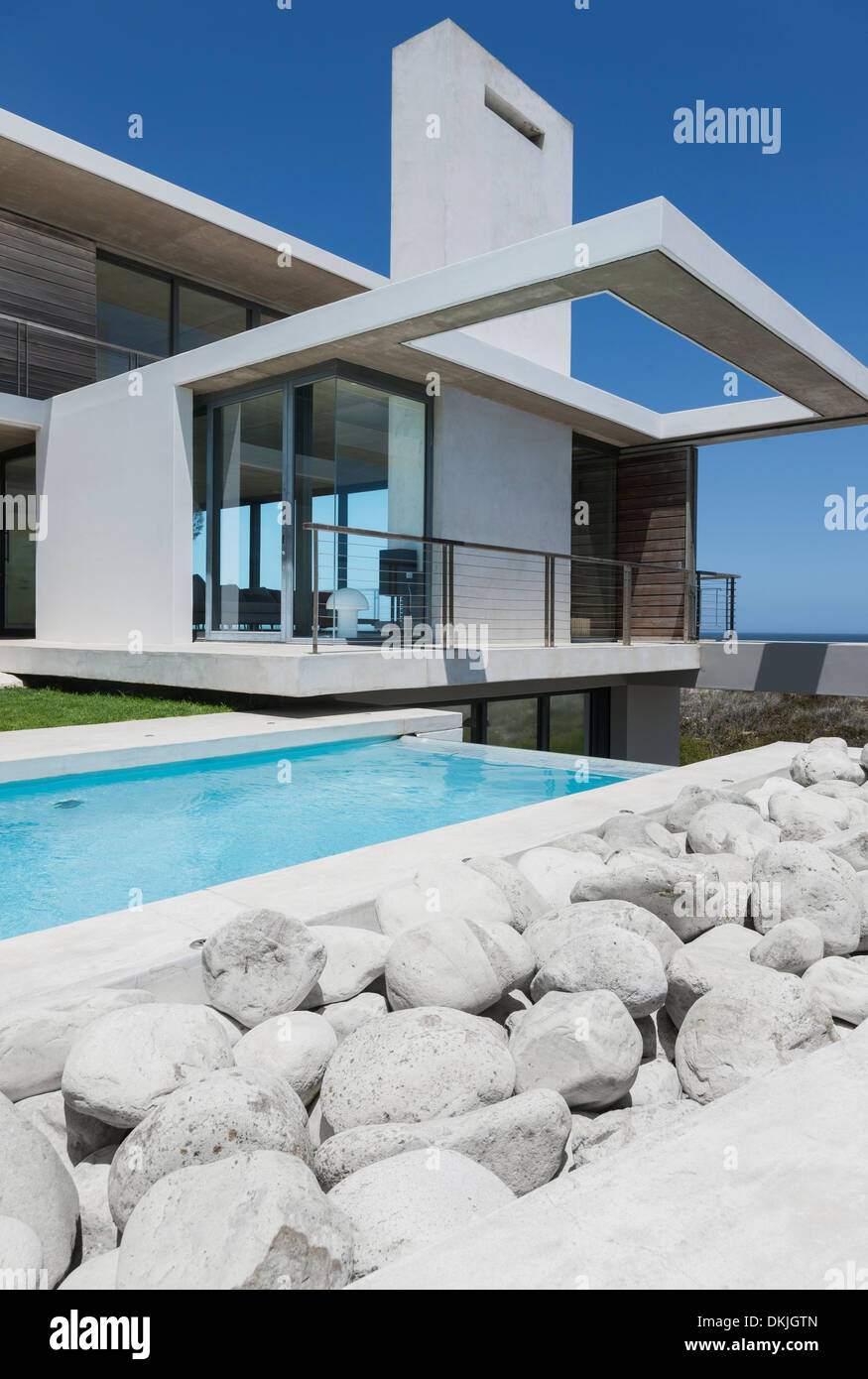 Rocks and lap pool outside modern house Stock Photo