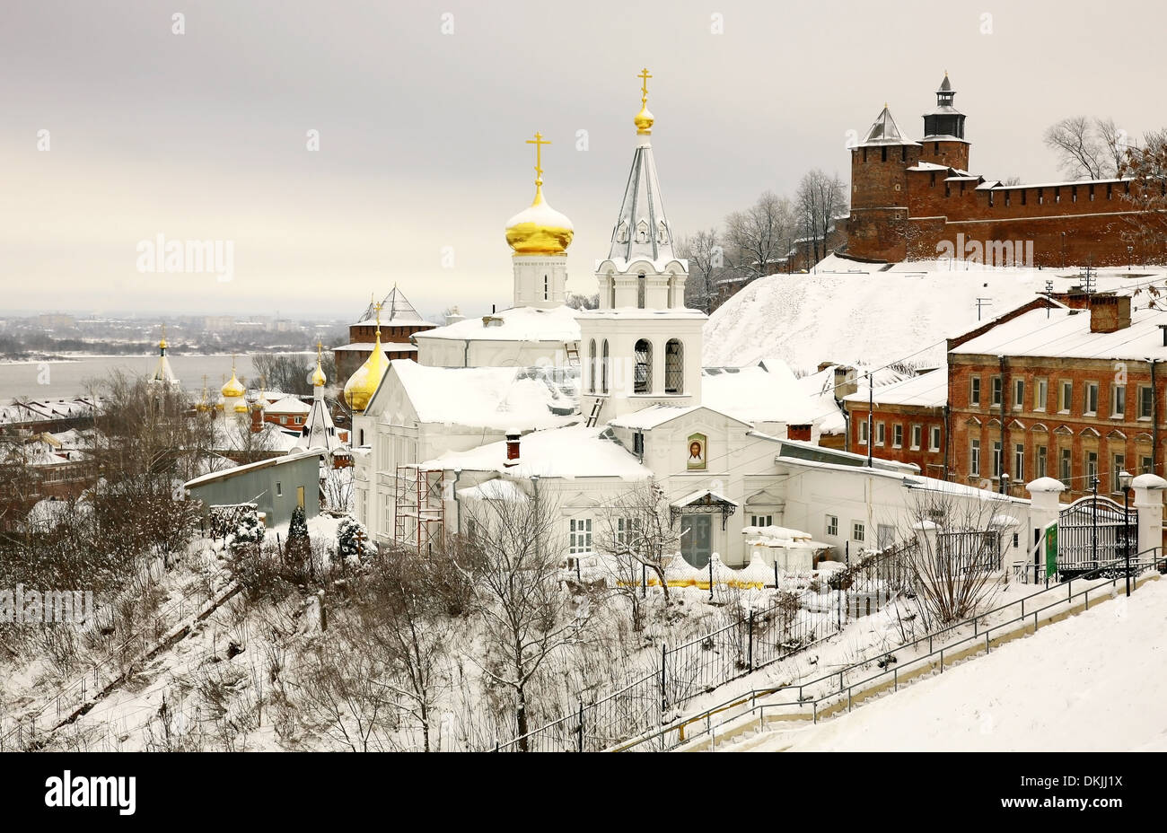 Winter december view of Church Elijah the Prophet and Kremlin Nizhny Novgorod Russia Stock Photo