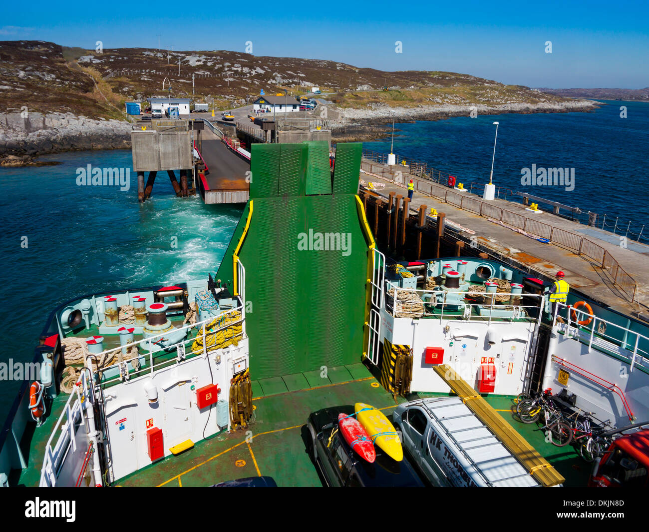Caledonian MacBrayne car ferry departing from Arinagour on Isle of Coll Inner Hebrides Argyll and Bute Scotland UK Stock Photo
