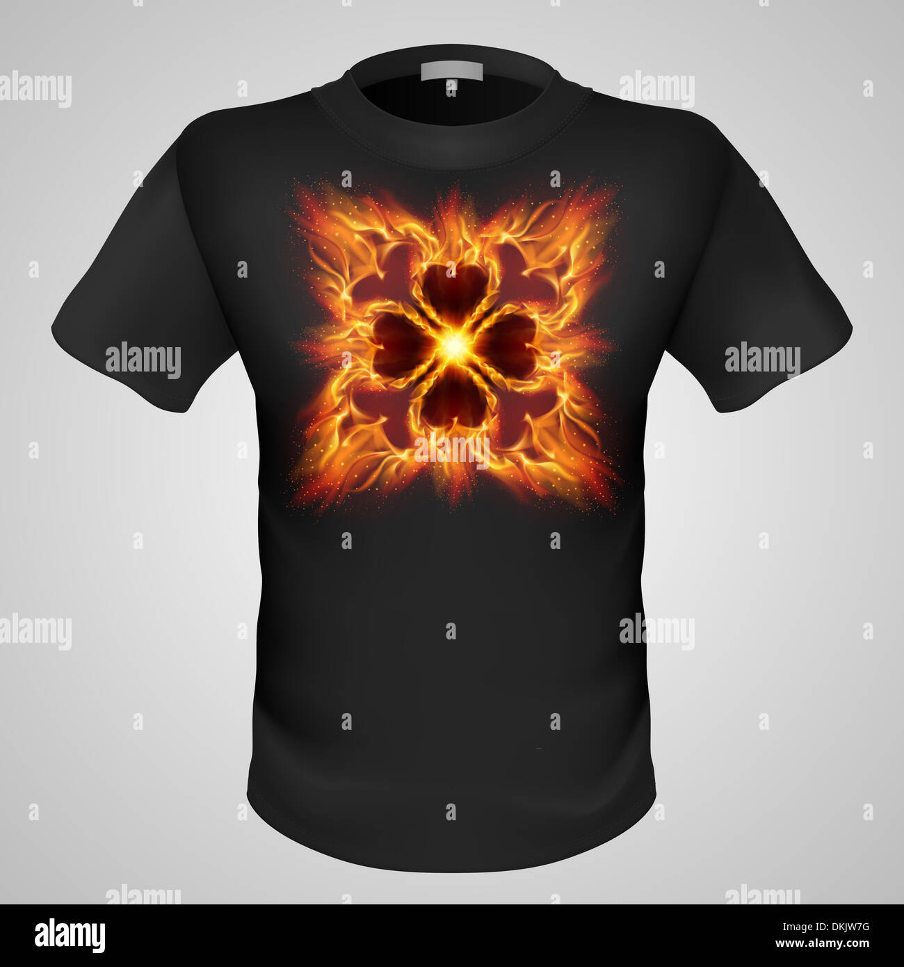 Black male t-shirt with fiery gothic pattern print on grey background. Stock Photo