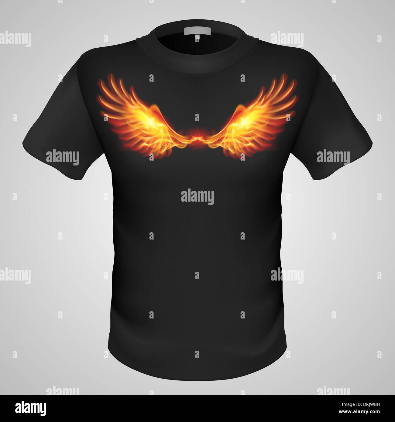 Black male t-shirt with fiery wings print on grey background. Stock Photo