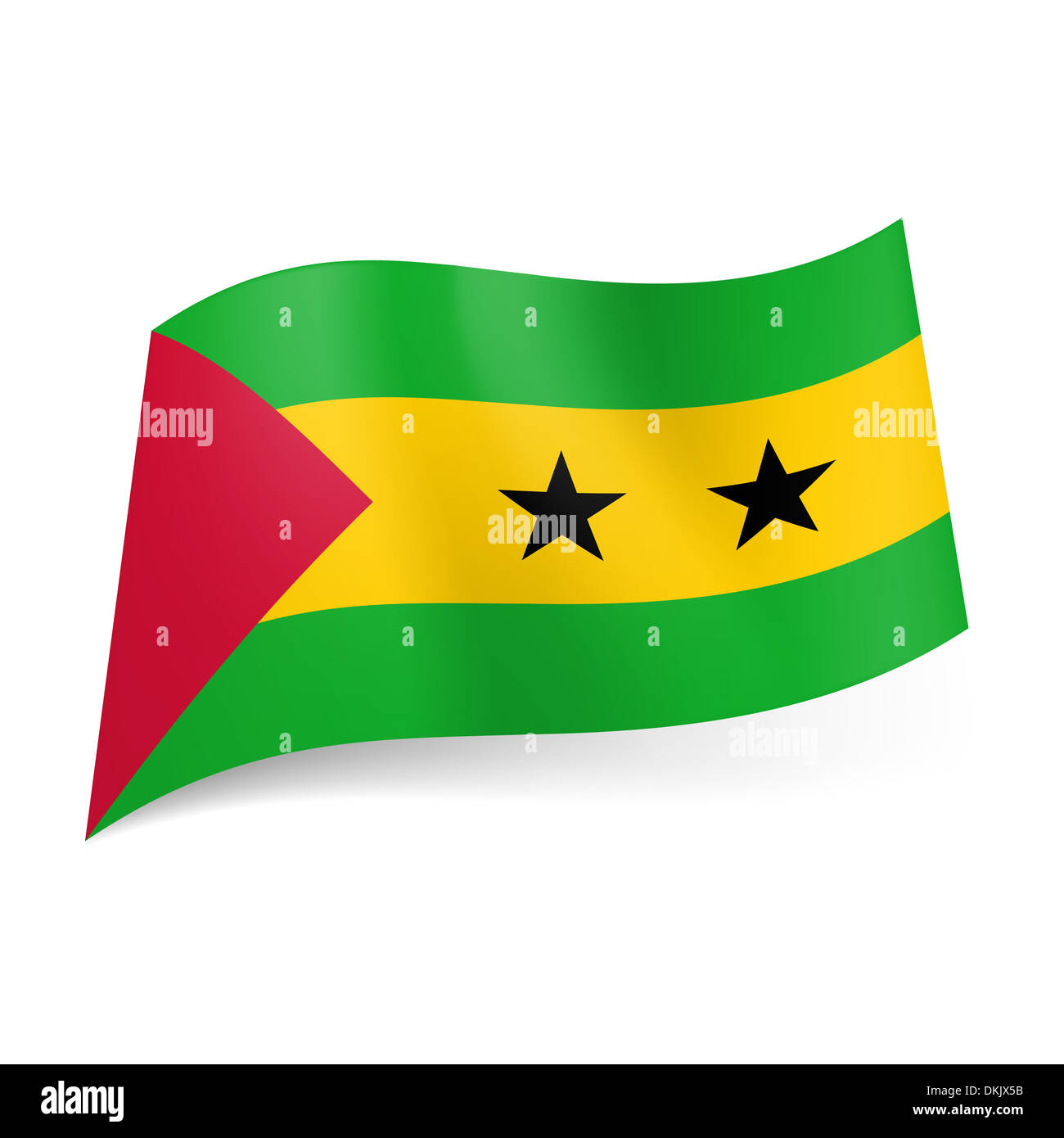 National flag of Sao Tome and Principe: yellow stripe with two black stars  between green bands, red triangle on left side Stock Photo - Alamy