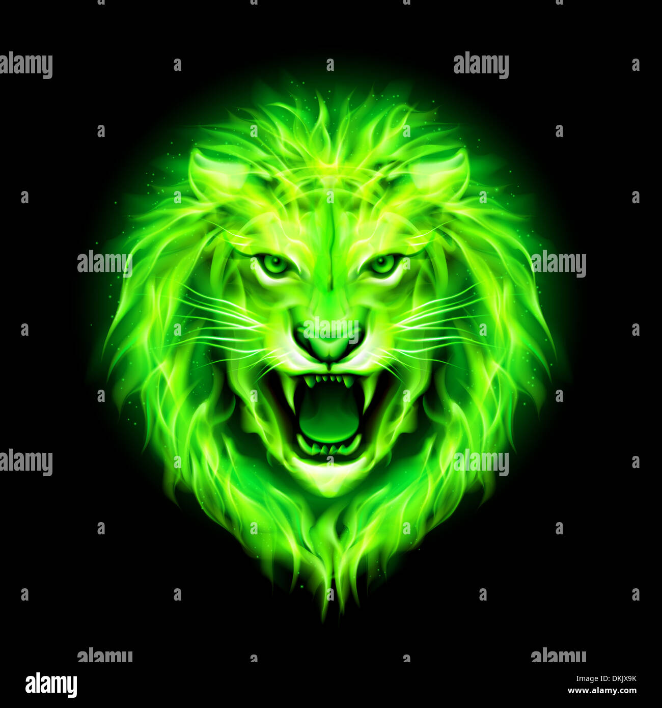 Head of aggressive green fire lion isolated on black background. Stock Photo