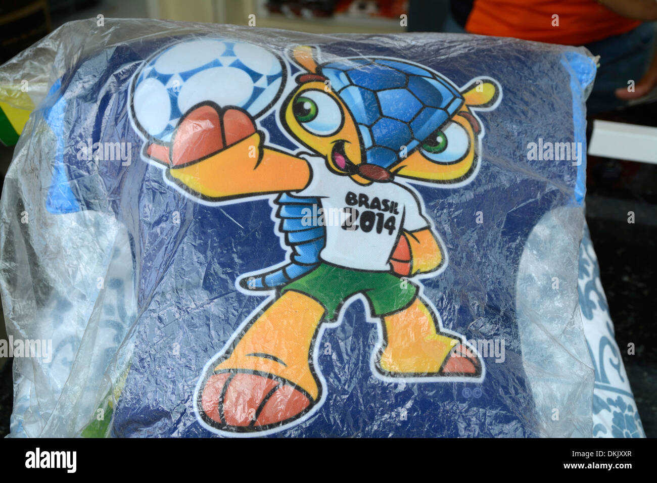 The official mascot of the Brazil World Cup 2014 on sale at a football souvenir kiosk on Copacabana beach in Rio de Janeiro, Brazil Stock Photo