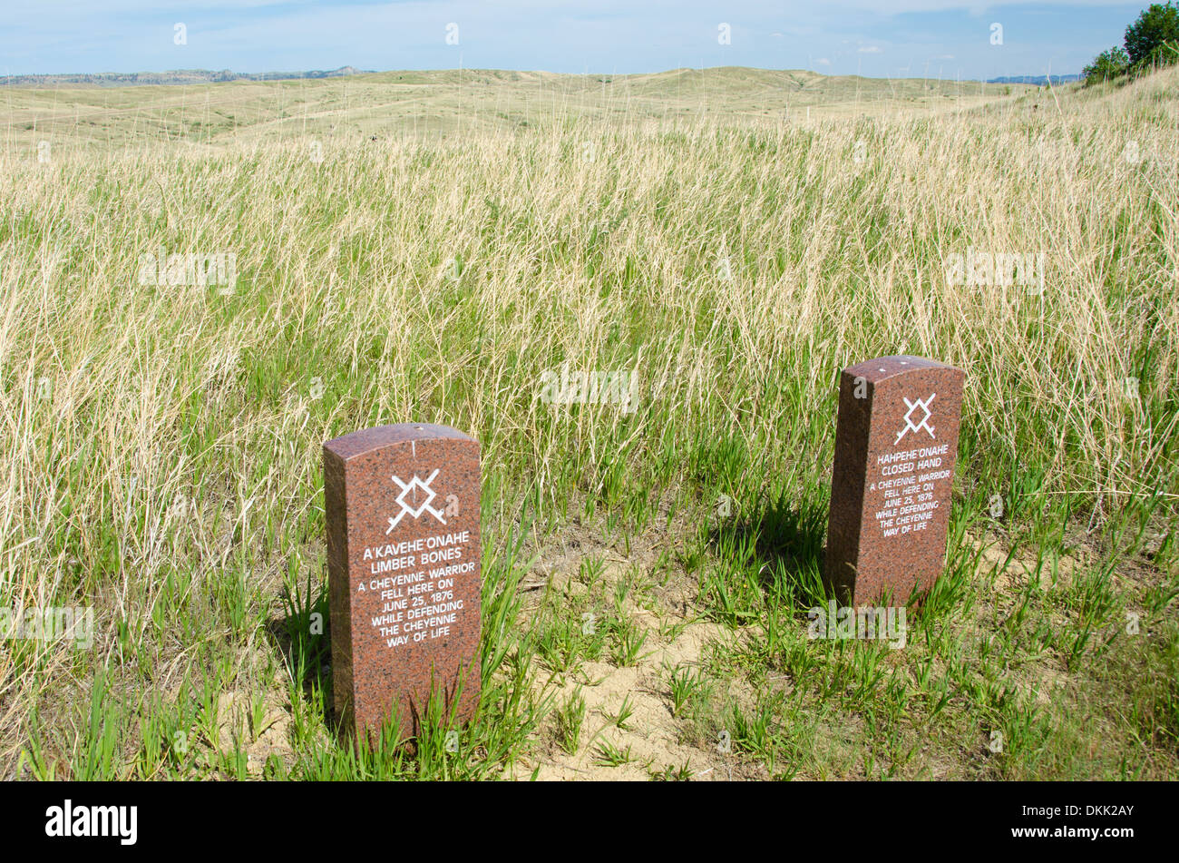 Headstones of two Cheyenne warriors killed at Little Bighorn Battlefield Stock Photo