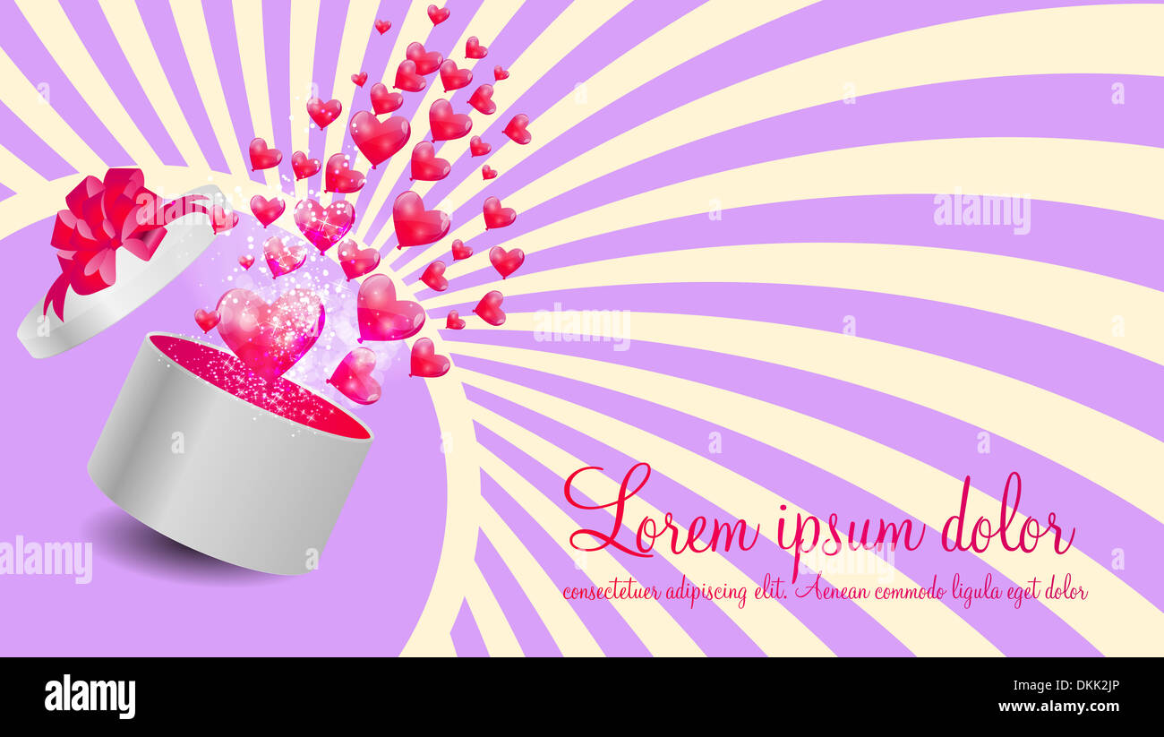 Valentines Day Card with Gift Box and Heart Shaped Balloons, Vector ...