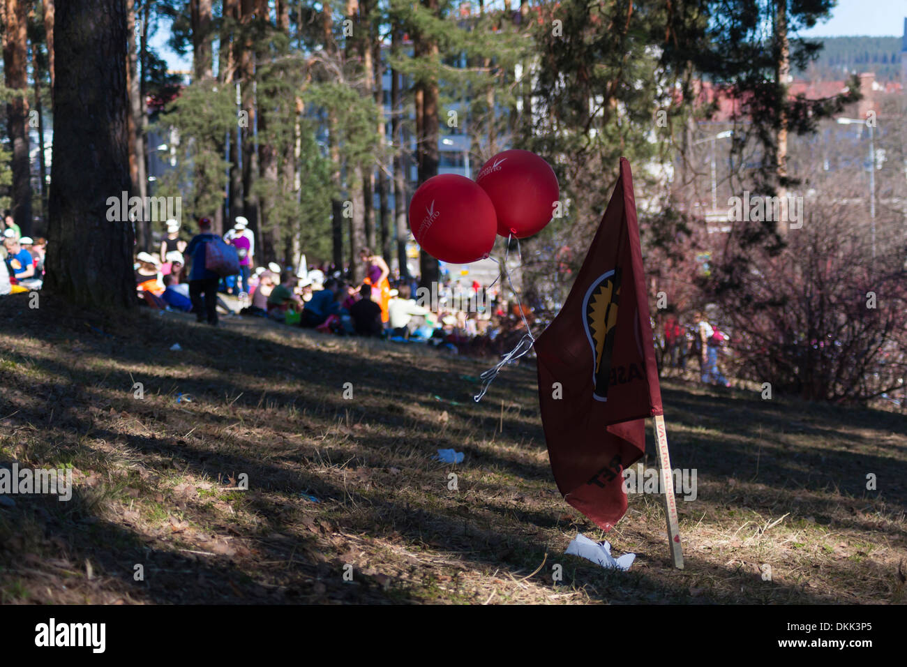 Students celebrating the first of May, the International Worker's Day, at Harju recreational area in Jyväskylä. Stock Photo