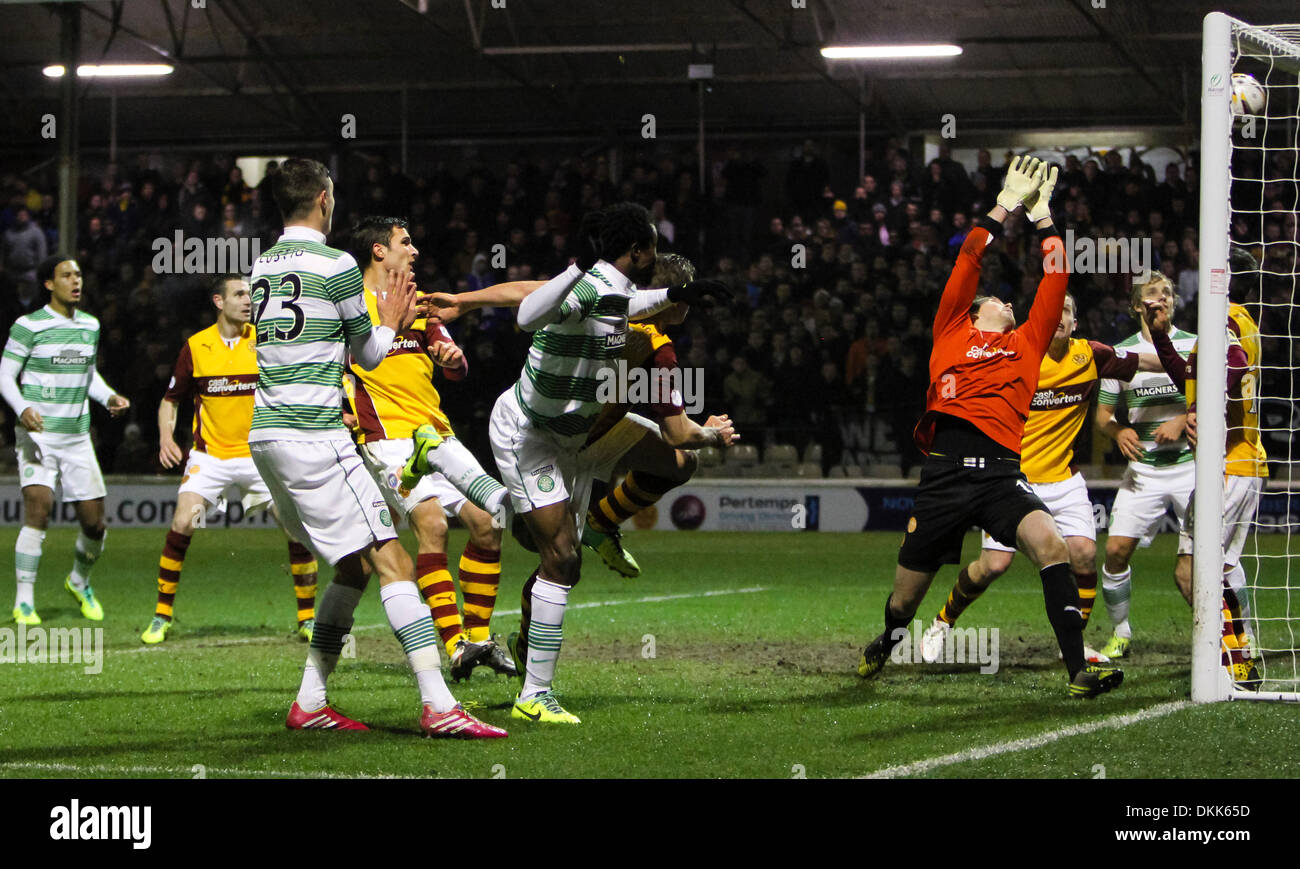Motherwell, Scotland. 06th Dec, 2013. Efe Ambrose headers the ball into the goal during the Scottish Premier League game between Motherwell and Celtic from Fir Park. Credit:  Action Plus Sports/Alamy Live News Stock Photo
