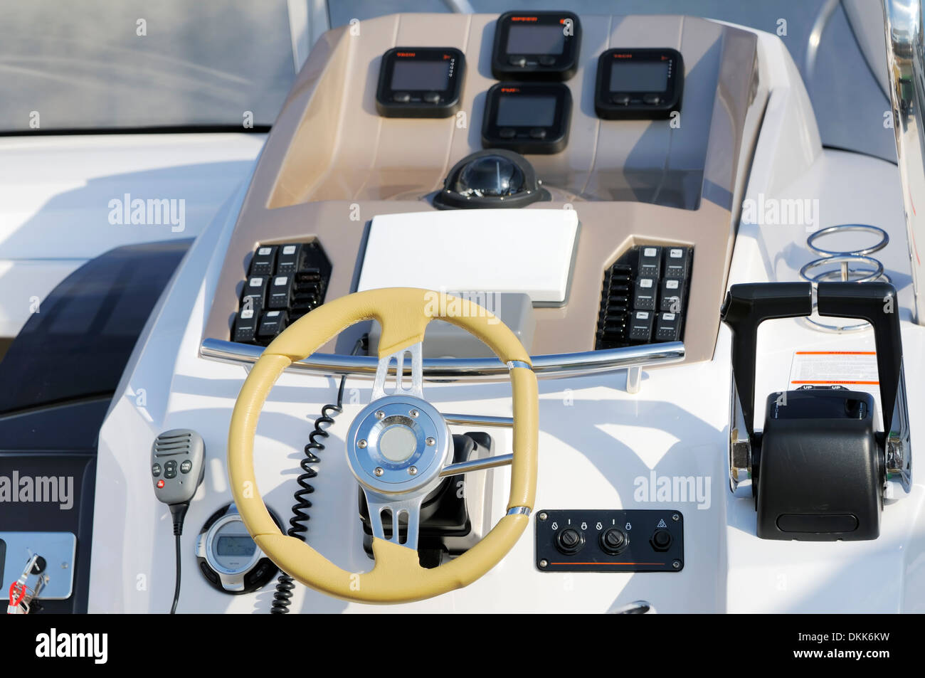 Instruments panel and steering wheel of a motorboat Stock Photo - Alamy