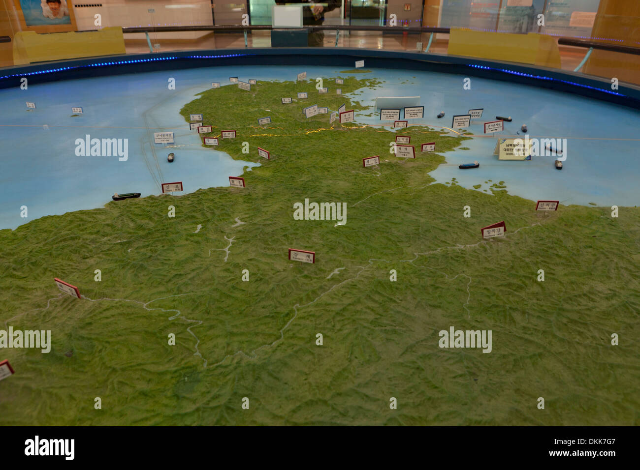 Topographic map of the Korean peninsula, showing DMZ at Unification Observatory - Odusan, South Korea Stock Photo