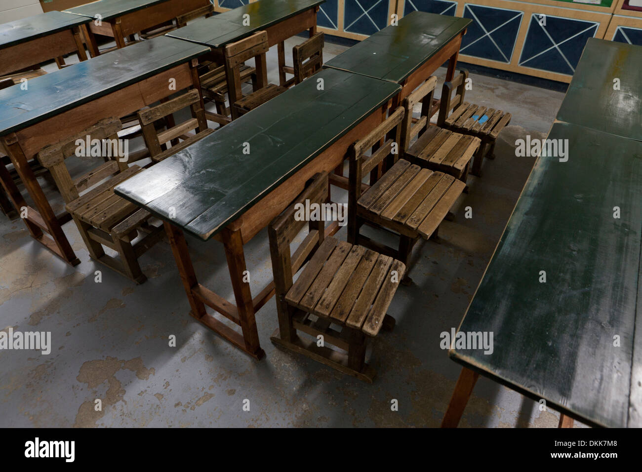 Mock-up of North Korean school classroom desks and chairs - Unification Observatory, Odusan, South Korea Stock Photo