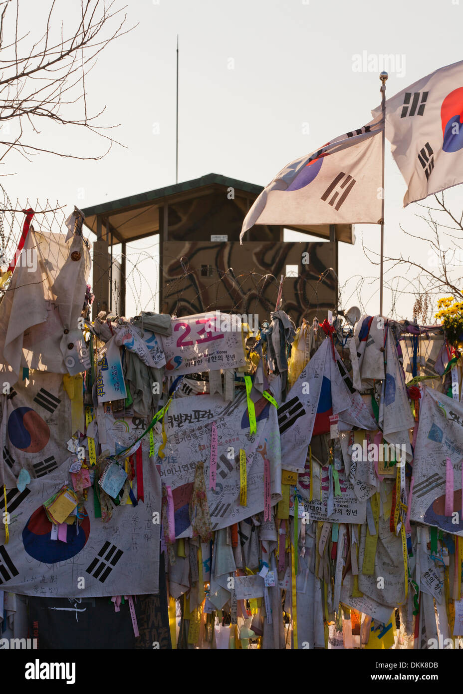 Messages of peace and unity left on fence at Bridge of No Return (Freedom Bridge), DMZ - Imjingak, Paju, South Korea Stock Photo