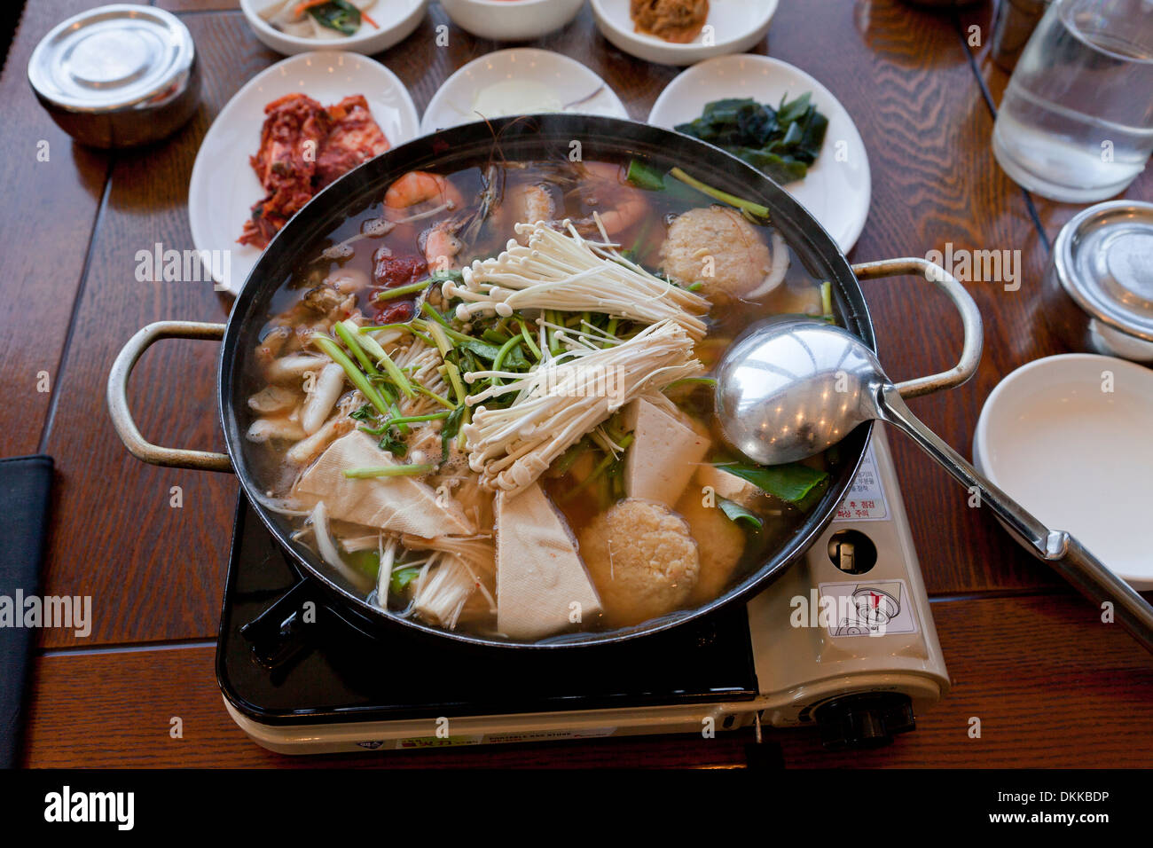 Spicy seafood soup dish (Haemultang) on table - South Korea Stock Photo