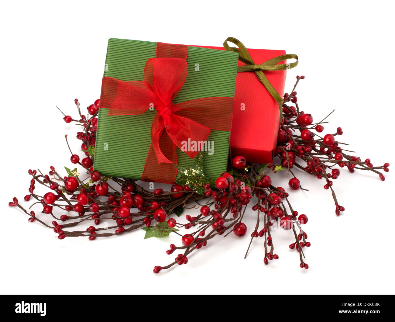 festive gift box stack isolated on white background Stock Photo - Alamy