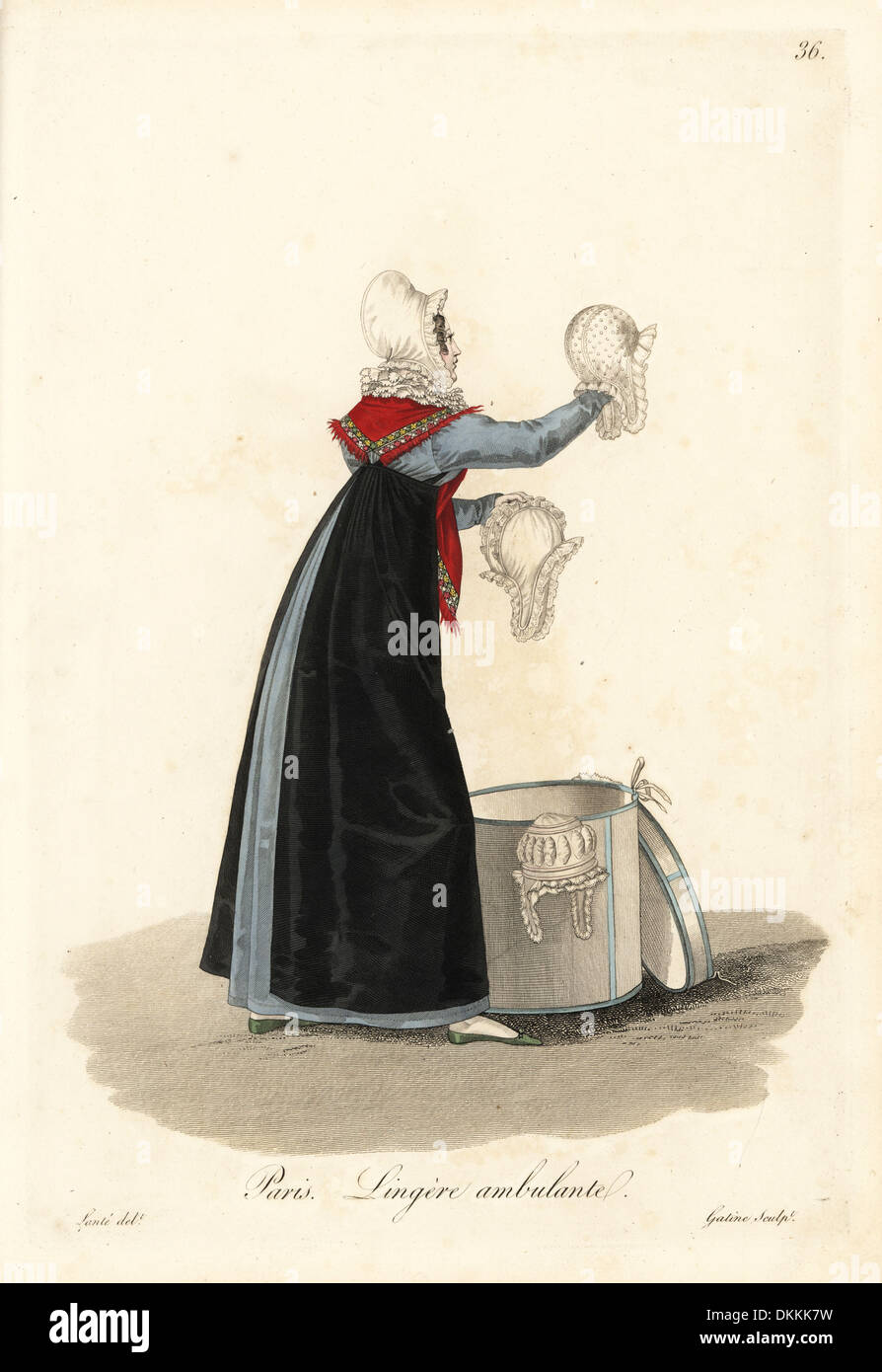 Itinerant seamstress, Paris, early 19thC, selling bonnets from a hat box. Stock Photo