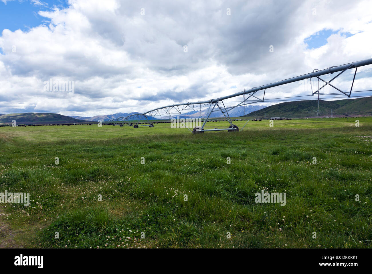 Irrigation booms spray water onto a pasture on the South Island of New