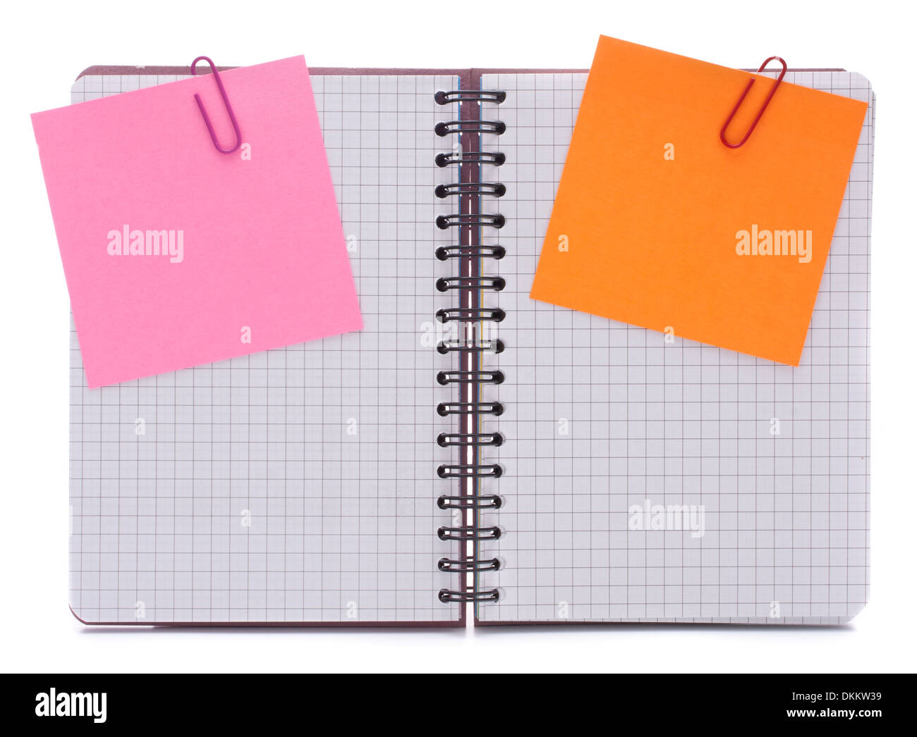 Blank checked notebook with notice papers isolated on white background cutout Stock Photo