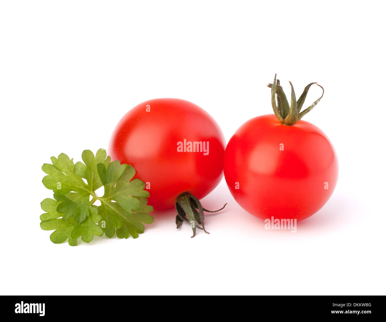 Small cherry tomato and parsley spice on white background close up