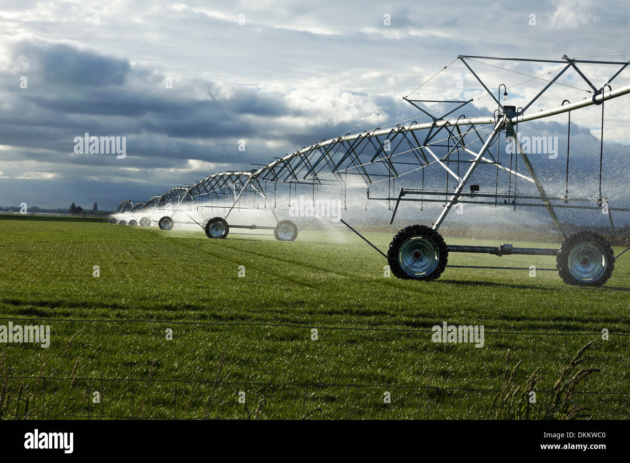 Irrigation booms spray water onto a pasture on the South Island of New