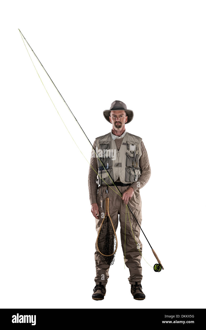 Alex Weeks dressed up as a trout fly fisherman on a white background Stock Photo
