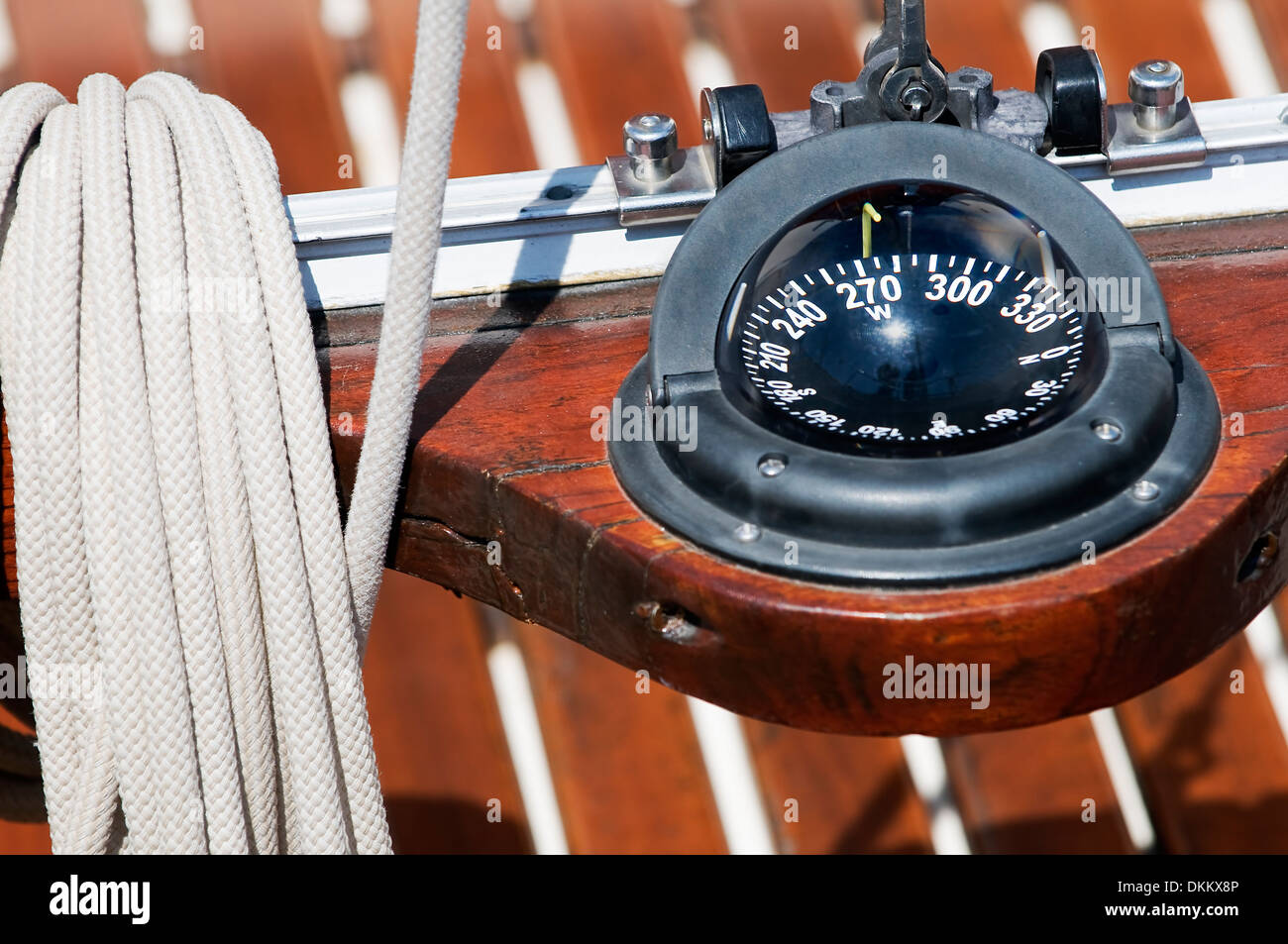 Compass indicating direction on a wooden sailboat Stock Photo