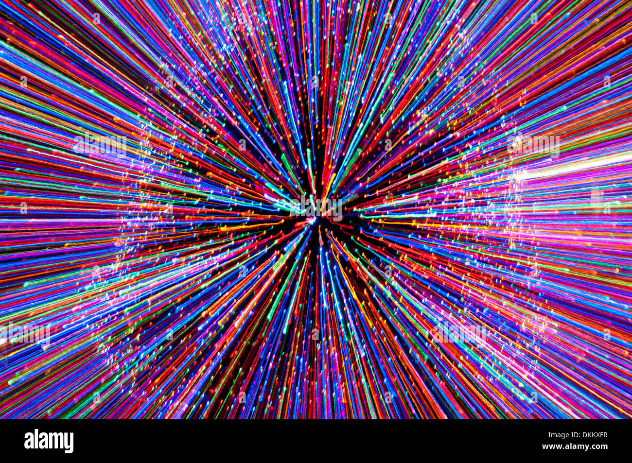 Christmas tree lights zoomed abstract; converging lines of light Stock Photo