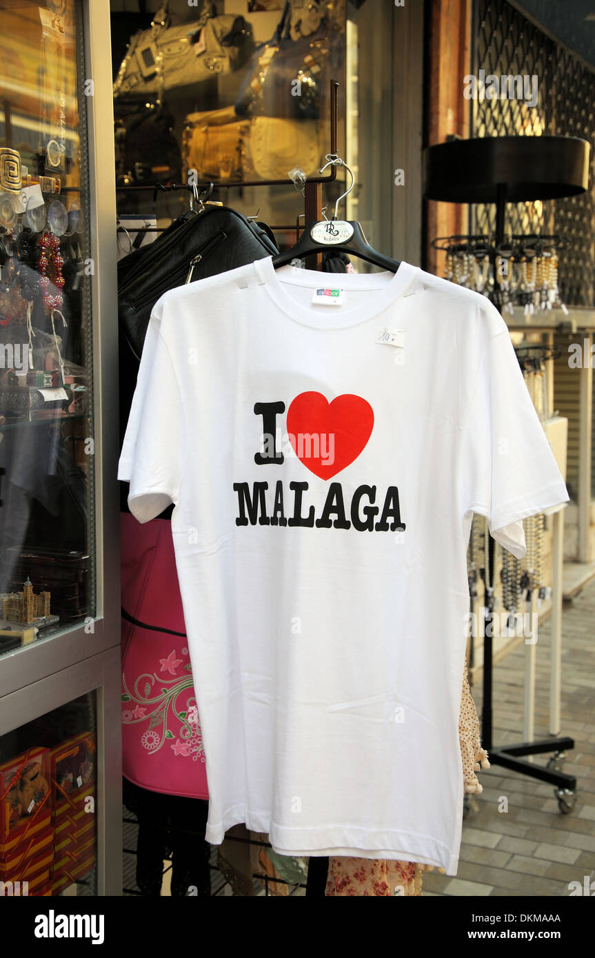 I love Malaga tee-shirt hanging outside a shop, Malaga, Costa del Sol,  Malaga Province, Andalusia, Spain, Western Europe Stock Photo - Alamy