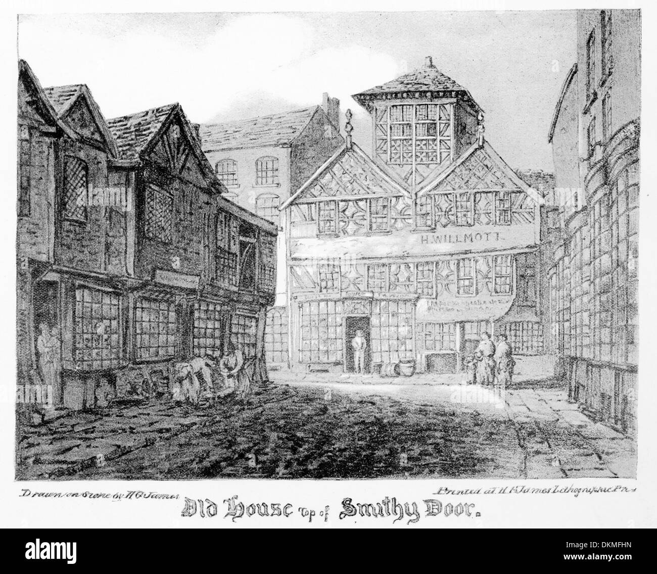 Copy of Lithographic print made in 1820 of Manchester Old House Smithy
