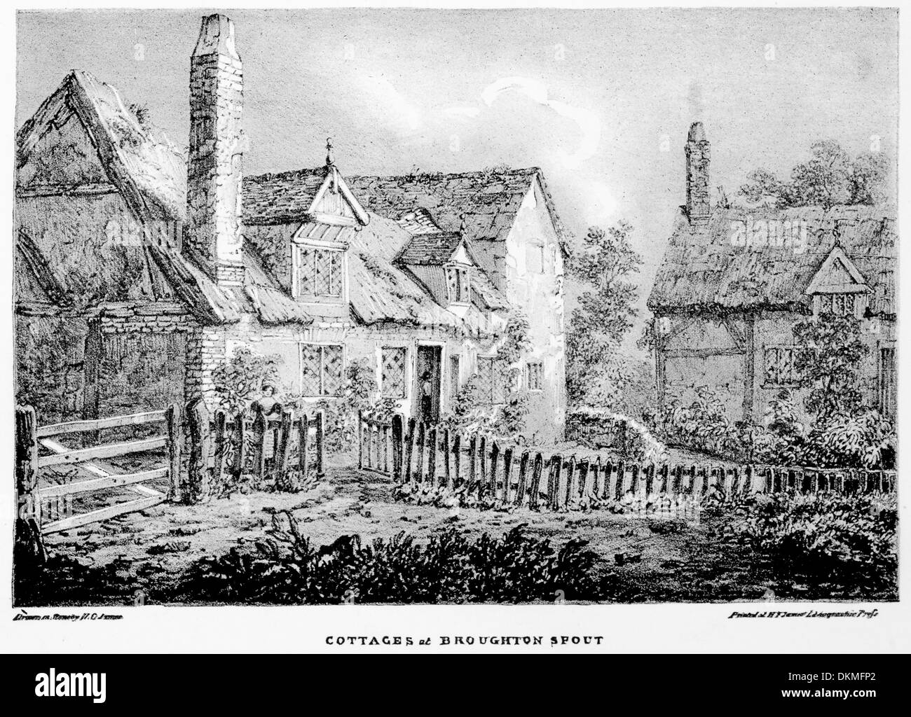 Copy of Lithographic print made in 1820 of Manchester Cottages at Broughton Spout Stock Photo