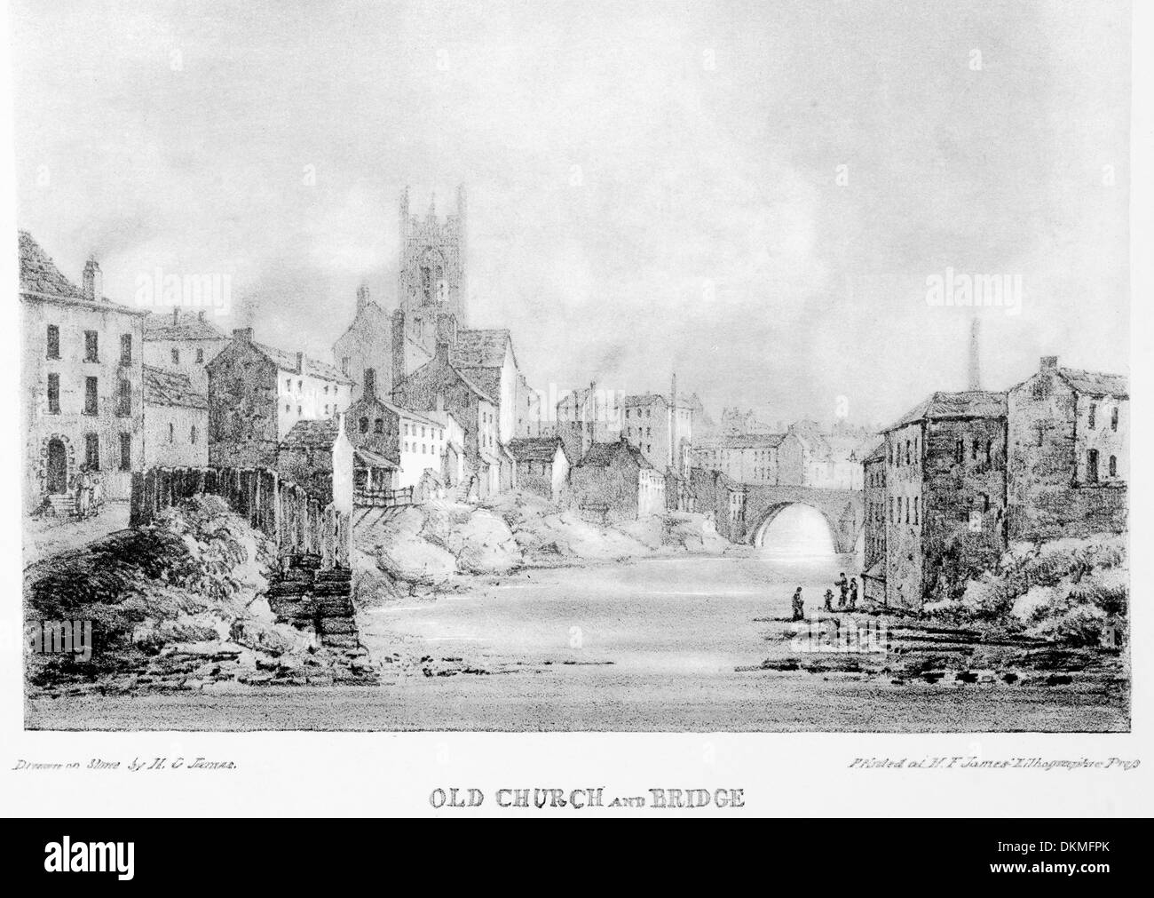 Copy of Lithographic print made in 1820 of Manchester Old Church and Bridge Cathedral in distance Stock Photo