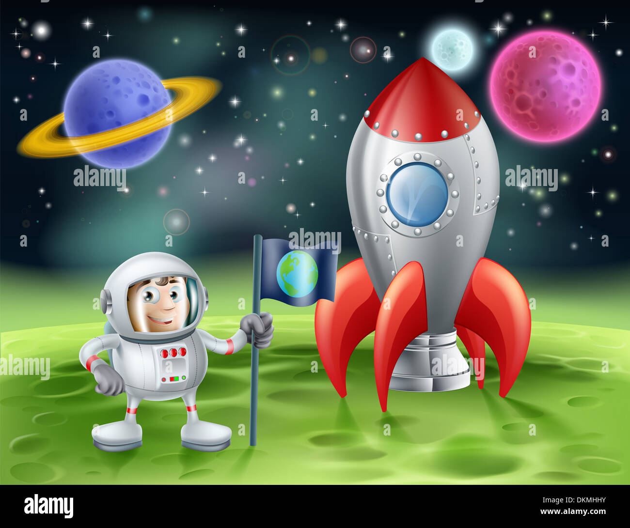 Outer space cartoon background with a cute cartoon astronaut planting an earth flag on alien world with his shiny vintage rocket Stock Photo